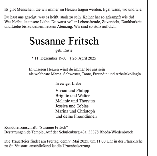 Traueranzeige von Susanne Fritsch von Die Glocke