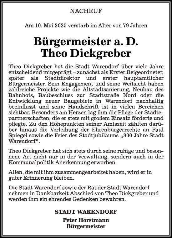 Traueranzeige von Theo Dickgreber von Die Glocke