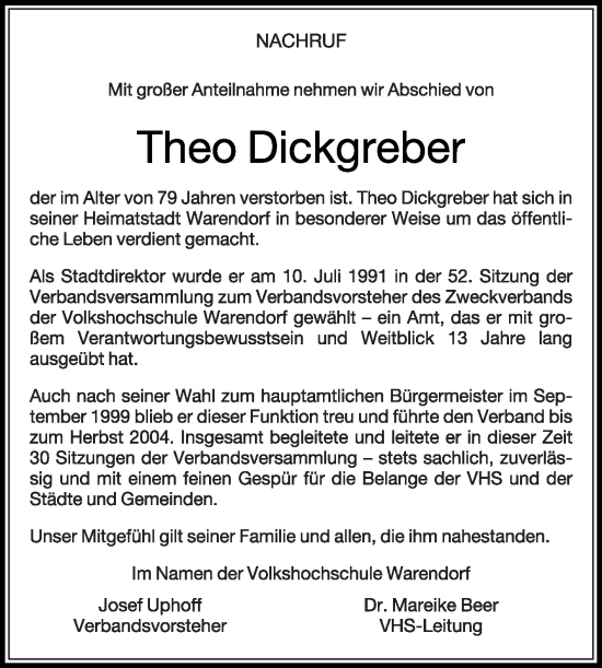 Traueranzeige von Theo Dickgreber von Die Glocke