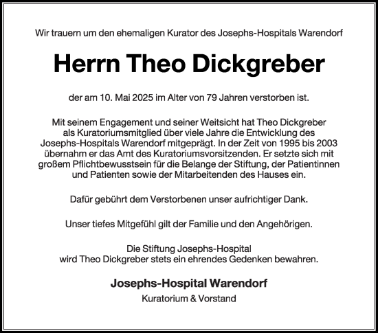Traueranzeige von Theo Dickgreber von Die Glocke