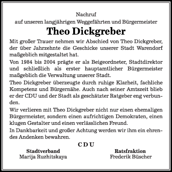 Traueranzeige von Theo Dickgreber von Die Glocke