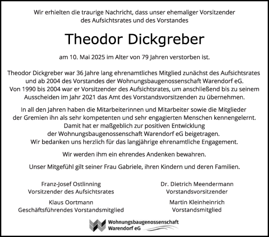 Traueranzeige von Theodor Dickgreber von Die Glocke