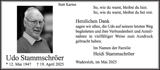 Traueranzeige von Udo Stammschröer von Die Glocke
