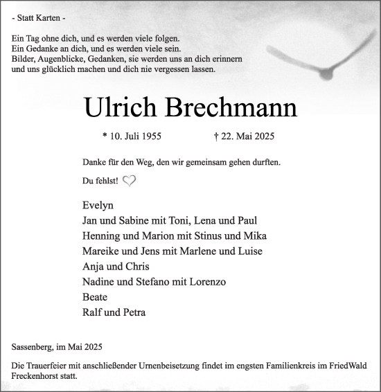 Traueranzeige von Ulrich Brechmann von Die Glocke