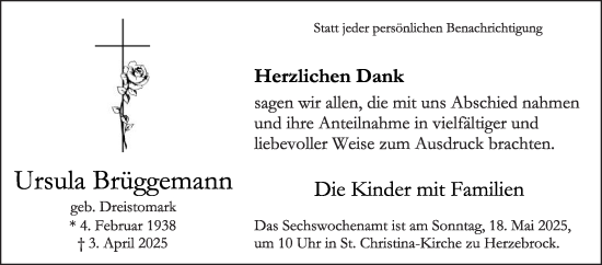 Traueranzeige von Ursula Brüggemann von Die Glocke