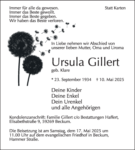 Traueranzeige von Ursula Gillert von Die Glocke