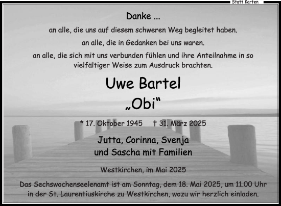 Traueranzeige von Uwe Bartel von Die Glocke