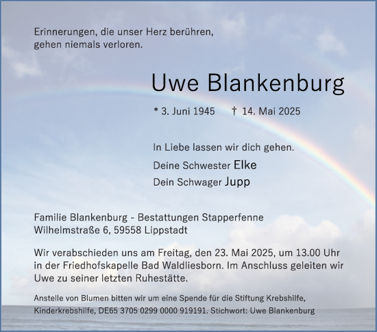 Traueranzeige von Uwe Blankenburg von Die Glocke