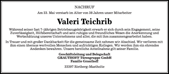 Traueranzeige von Valeri Teichrib von Die Glocke