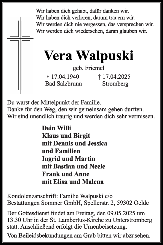 Traueranzeige von Vera Walpuski von Die Glocke
