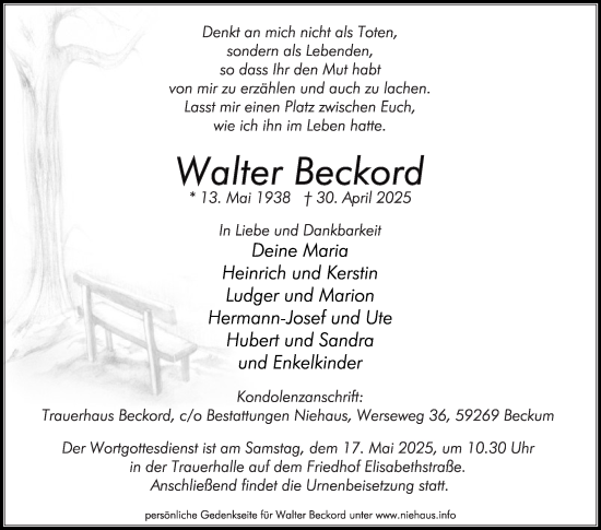 Traueranzeige von Walter Beckord von Die Glocke