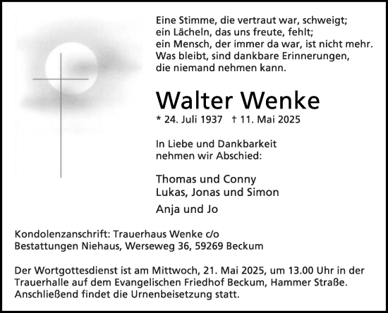 Traueranzeige von Walter Wenke von Die Glocke