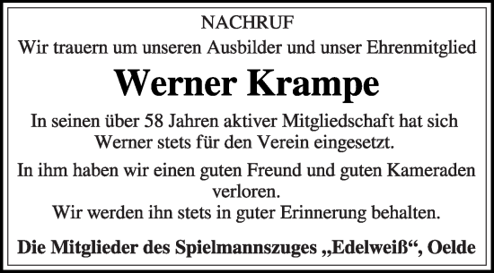 Traueranzeige von Werner Krampe von Die Glocke