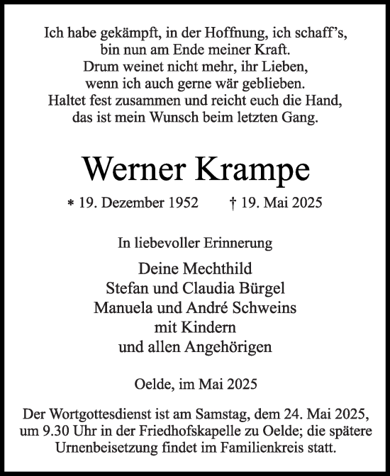 Traueranzeige von Werner Krampe von Die Glocke
