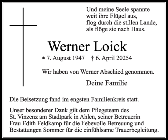 Traueranzeige von Werner Loick von Die Glocke