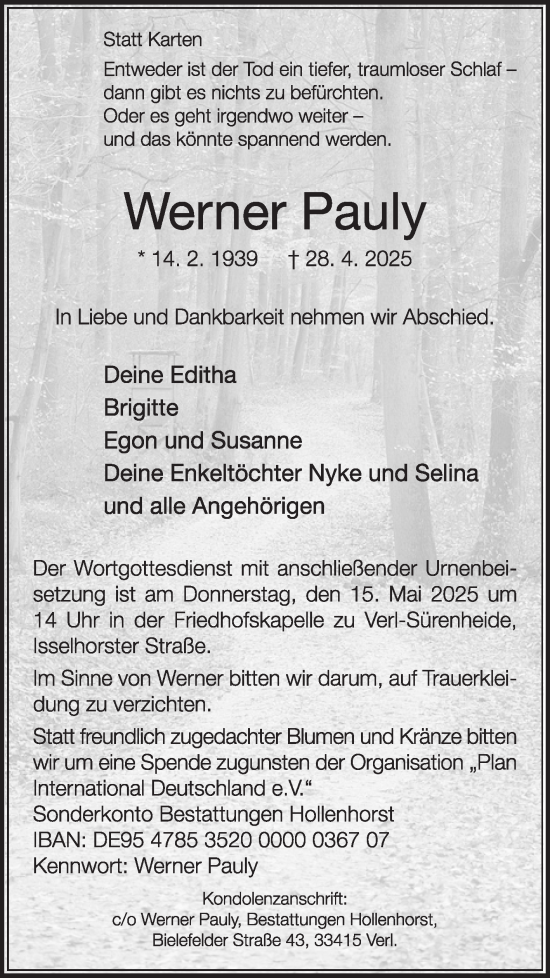 Traueranzeige von Werner Pauly von Die Glocke