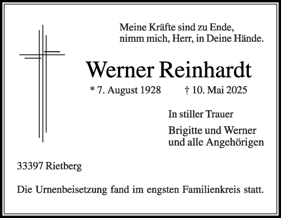 Traueranzeige von Werner Reinhardt von Die Glocke