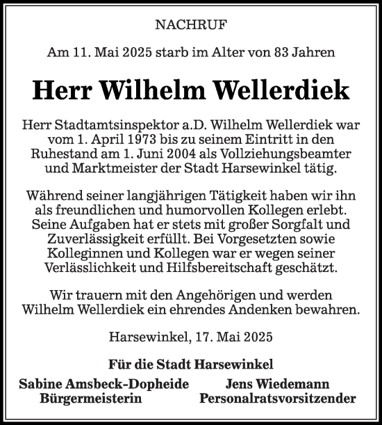 Traueranzeige von Wilhelm Wellerdiek von Die Glocke