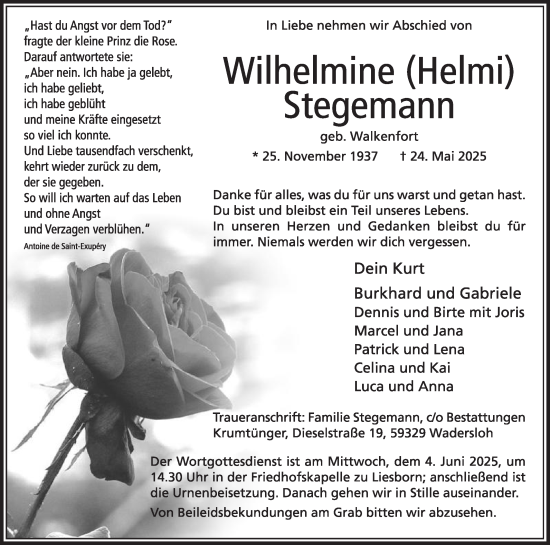 Traueranzeige von Wilhelmine Stegemann von Die Glocke