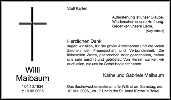 Traueranzeige von Willi Maibaum von Die Glocke