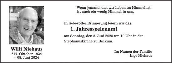 Traueranzeige von Willi Niehaus von Die Glocke