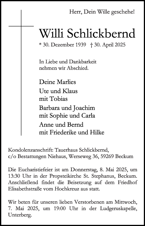 Traueranzeige von Willi Schlickbernd von Die Glocke