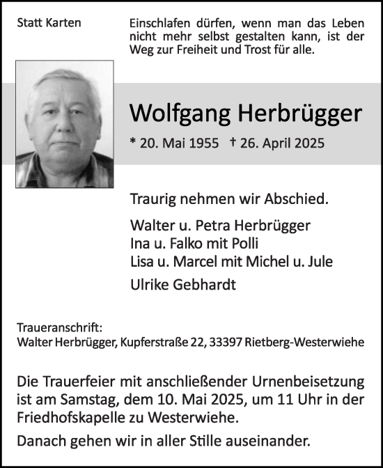 Traueranzeige von Wolfgang Herbrügger von Die Glocke