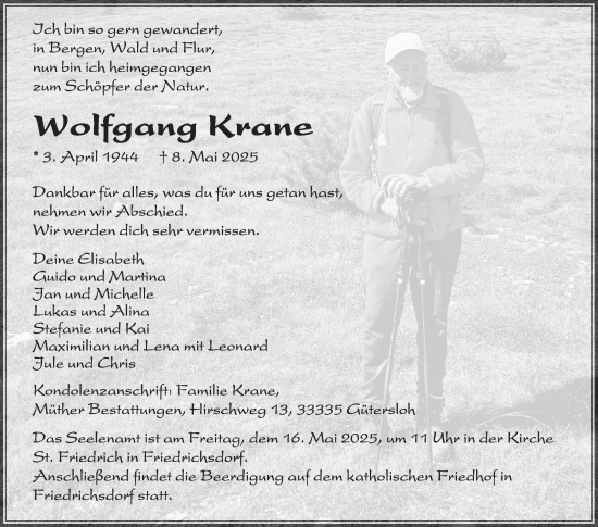 Traueranzeige von Wolfgang Krane von Die Glocke