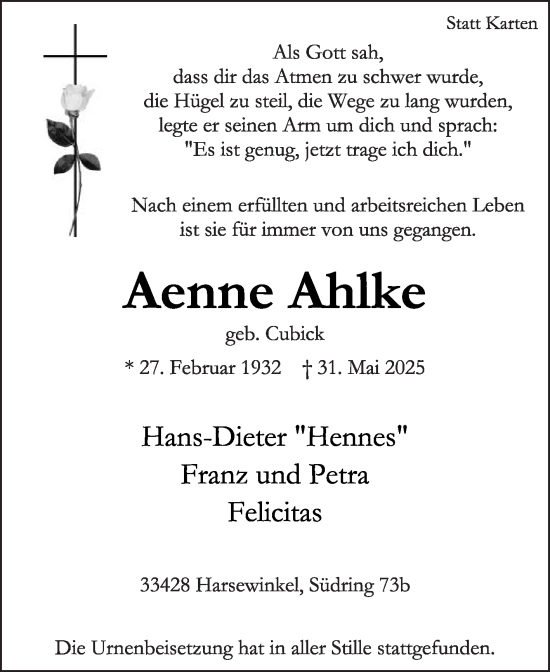 Traueranzeige von Aenne Ahlke von Die Glocke