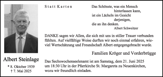 Traueranzeige von Albert Steinlage von Die Glocke