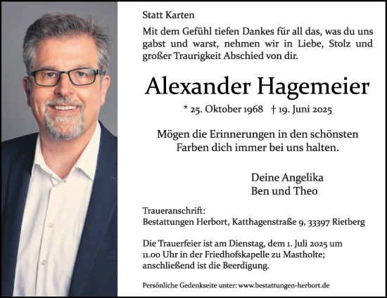 Traueranzeige von Alexander Hagemeier von Die Glocke