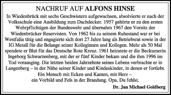 Traueranzeige von Alfons Hinse von Die Glocke
