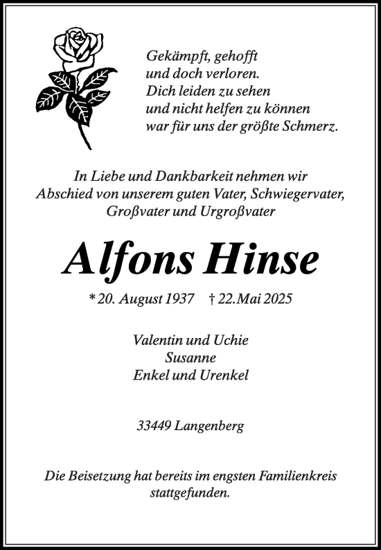 Traueranzeige von Alfons Hinse von Die Glocke