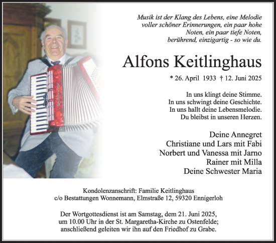 Traueranzeige von Alfons Keitlinghaus von Die Glocke
