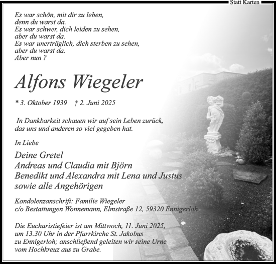 Traueranzeige von Alfons Wiegeler von Die Glocke