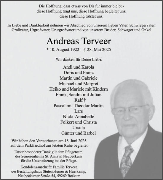 Traueranzeige von Andreas Terveer von Die Glocke