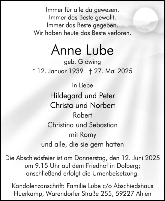 Traueranzeige von Anne Lube von Die Glocke