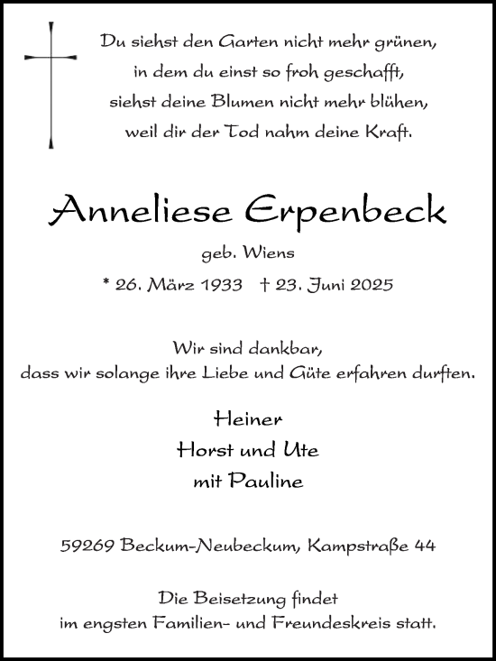 Traueranzeige von Anneliese Erpenbeck von Die Glocke