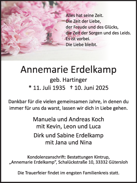 Traueranzeige von Annemarie Erdelkamp von Die Glocke