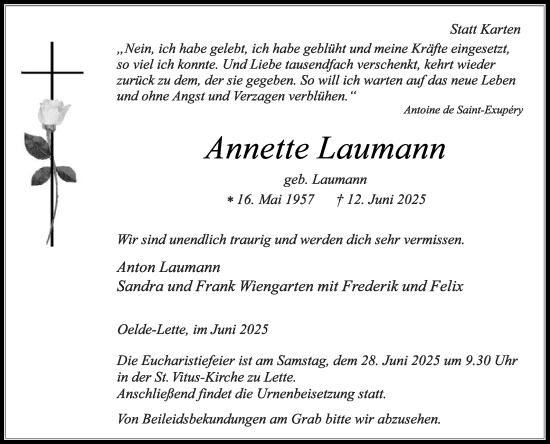 Traueranzeige von Annette Laumann von Die Glocke
