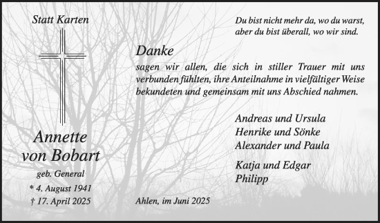 Traueranzeige von Annette von Bobart von Die Glocke