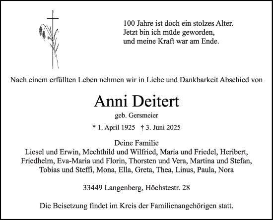 Traueranzeige von Anni Deitert von Die Glocke