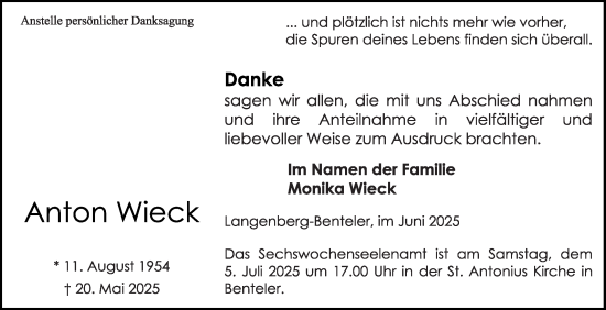 Traueranzeige von Anton Wieck von Die Glocke