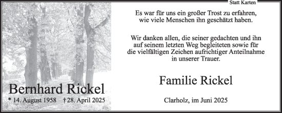 Traueranzeige von Bernhard Rickel von Die Glocke