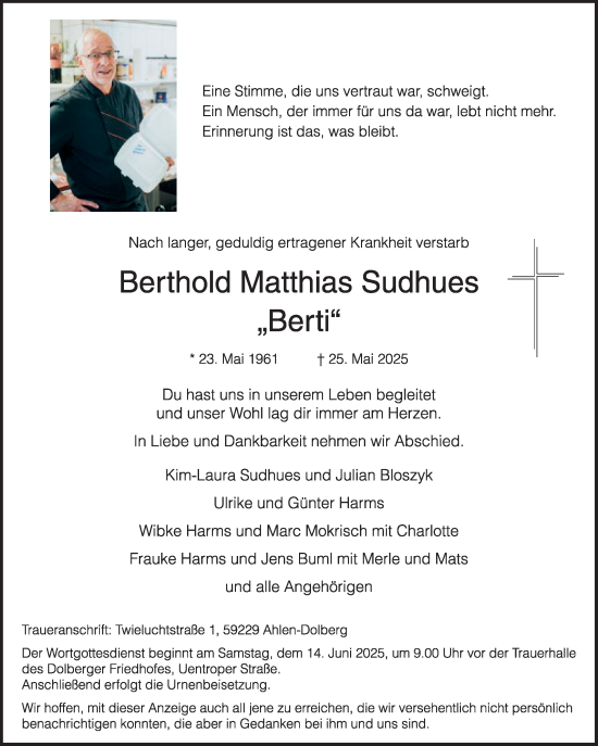 Traueranzeige von Berthold Matthias Sudhues von Die Glocke