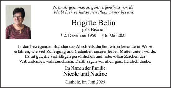 Traueranzeige von Brigitte Belin von Die Glocke
