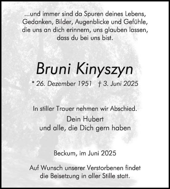Traueranzeige von Bruni Kinyszyn von Die Glocke
