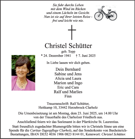 Traueranzeige von Christel Schütter von Die Glocke