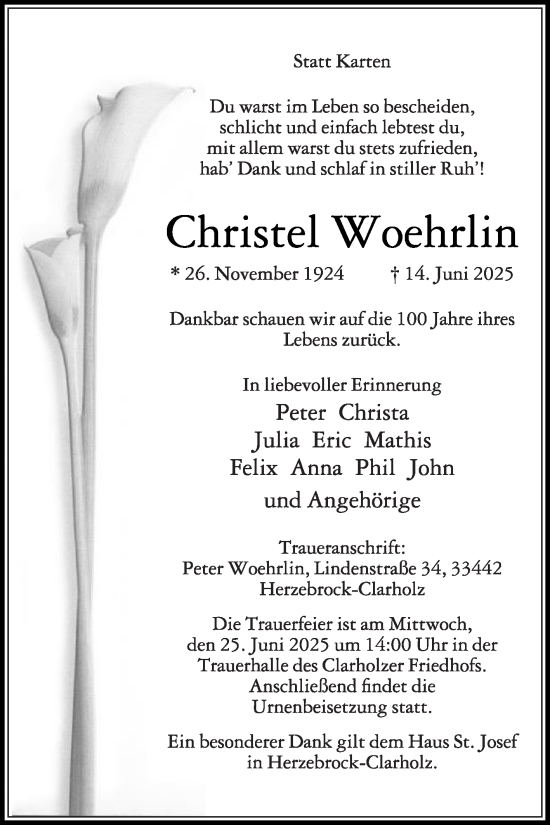 Traueranzeige von Christel Woehrlin von Die Glocke