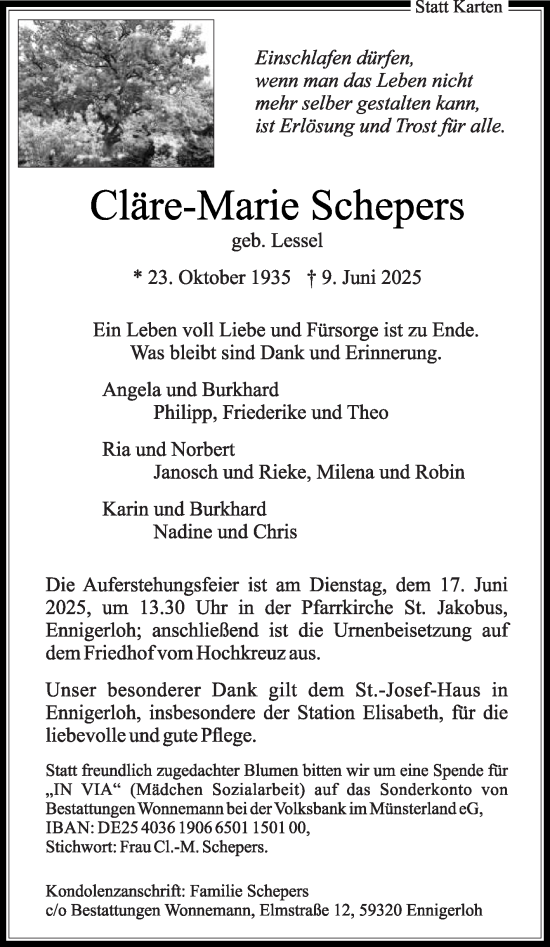 Traueranzeige von Cläre-Marie Schepers von Die Glocke